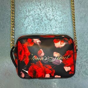 Victoria’s Secret Women’s Black and Red Floral Crossbody purse with gold chain